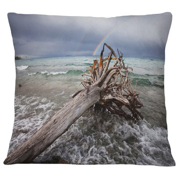 Fallen Tree in Storm At Seashore Seascape Throw Pillow, 18"x18"