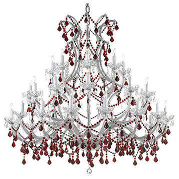 37-Light Crystal Chandelier Dressed With Red Crystals, No Shades