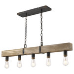 Golden - Golden Garrett 5-LT Linear Pendant 0818-LP ABI - Antique Black Iron - Garrett's rustic design combines the appeal of raw wood materials and industrial-style metalwork for a casual look. The fixture's hardware is painted in a contrasting antique black iron finish with gold highlights to balance the natural wood grain. Chain installation allows the fixture to be mounted on a sloped ceiling.