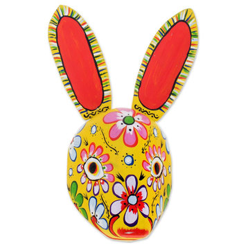 NOVICA Floral Rabbit In Yellow And Wood Mask