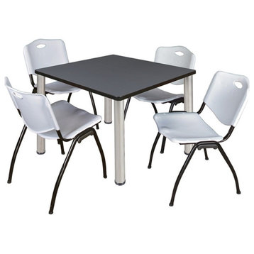 Kee 36" Square Breakroom Table, Gray, Chrome and 4 'M' Stack Chairs, Gray