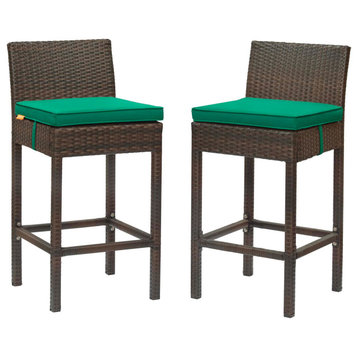 Modern Outdoor Patio Bar Stool Chair, Set of Two, Fabric Rattan, Brown Green