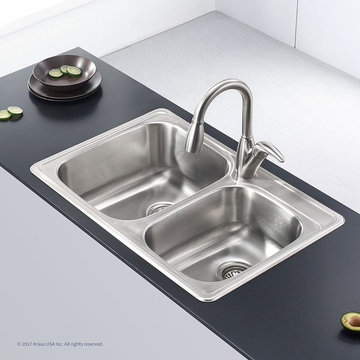 Kraus 33-1/8" Drop, 60/40 Double Bowl 18 Gauge Kitchen Sink, Stainless Steel