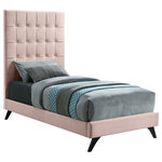 Meridian Furniture - Elly Velvet Upholstered Bed, Pink, Twin - Crawl into this cozy Elly pink velvet twin size bed for a restful night's sleep. The deep button tufting on its tall headboard provides a soft, pillowy surface to lean against for nighttime reading or watching TV. Supported by angled wood legs with an espresso finish, the side rails and footboard are also comfortably padded and upholstered. Contemporary styling ensures that this bed will integrate nicely into any existing decor.