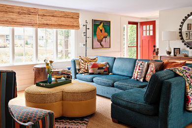 Living room - eclectic formal carpeted and beige floor living room idea in Boston with white walls