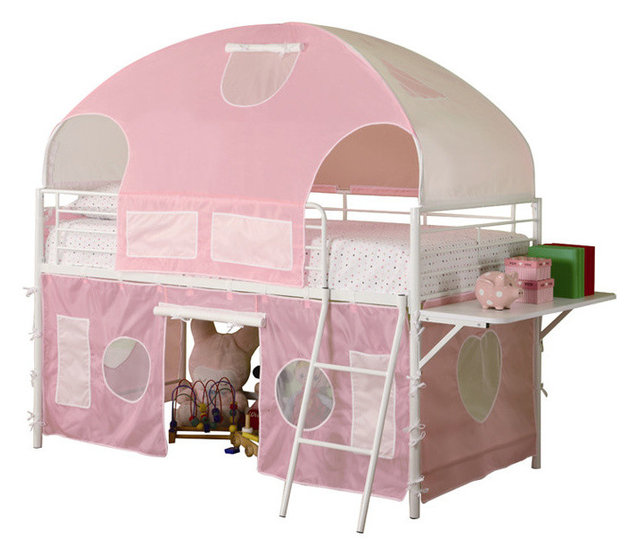 Girls White Metal Pink Tent Twin Bunk Loft Bed With Shelf Low Safe Play Bunkbed Contemporary