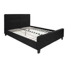 Queen Size Tufted Upholstered Platform Bed in Black Fabric with Footboard