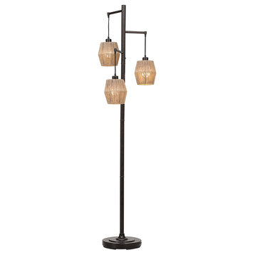 Stalk Design Metal Floor Lamp With 3 Hanging Rope Shade, Bronze