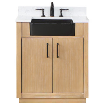 Novago Bath Vanity with Aosta White Countertop and Farmhouse Sink, Weathered Pine, 30 Inch, N/Mirror