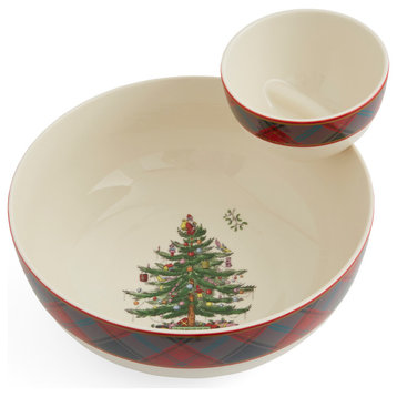 Spode Christmas Tree Collection Tartan 2 Piece Tiered Chip and Dip