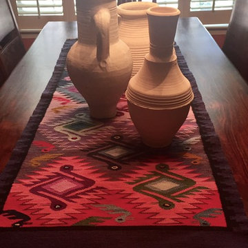 Long Kitchen table decor with clay pots