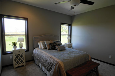 Diseño de dormitorio principal tradicional de tamaño medio sin chimenea con paredes grises, moqueta y suelo gris