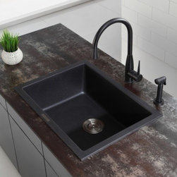 Kraus 24 2/5 inch Dual Mount Single Bowl Black Onyx Granite Kitchen Sink - Kitchen Sinks