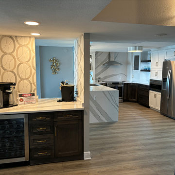 Custom Kitchen Shaker Base Cabinets, Quartz Counters, Floating Shelves