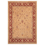 Bareens Designer Rugs - Bohemien Ziegler Jeneva Beige Burgundy Hand-Knotted Wool Rug - 8'0'' x 9'9'' - Enhance the ambiance of your home with this magnificent Persian-influenced Turkish hand-knotted rug made by skilled artisans capable of creating the most exceptional vegetable dyes and hand-spun wool. This exquisite handmade rug is a one-of-a-kind Peshawar Kafkaz, otherwise identified as Chobi, Chobi Peshawar, Oushak, or Ziegler rug. These handmade rugs are crafted in Pakistan utilizing superior-quality wool imported from Australia, New Zealand, and Korea in two types of weaves: the Persian weave and the Mori weave. This rug is meticulously crafted by hand using the finest natural vegetable dyes extracted from local plants. The artisans use a blend of hand-spun local and fine merino wool, resulting in a rug with a compelling texture, higher lanolin content, and longer staple. The artisans occasionally incorporate natural or artificial silk into the pile to enhance specific motifs. The finished product is an awe-inspiring execution of flawless design and an understated palette that exudes elegance.