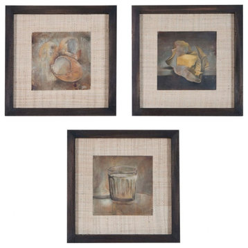 Set of 3 Framed Metal Abstract Wall Signs on Linen Under Glass for Traditional