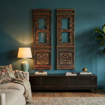 Pair Vintage Fade Color Floral Carving Rectangular Wood Wall Panels ws4933