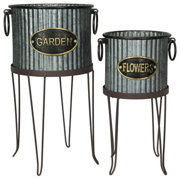 Set of 2 Rustic Corrugated Galvanized Metal Round Flower Pot Garden Planters Wi