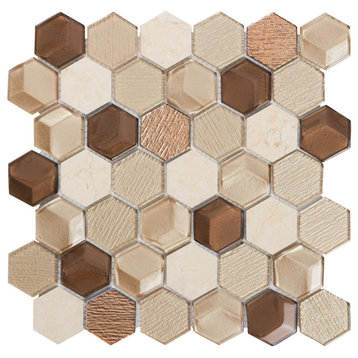 Hexagon Stone Metallic Beige 3D Insert Glass Mosaic Tile, 13"x13", Set of 10