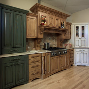 Traditional single-wall kitchen pantry in Denver with raised-panel cabinets, distressed cabinets, granite benchtops, brown splashback, stainless steel appliances, light hardwood floors and no island.