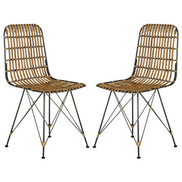 Set of 2 Dining Chair, Metal Legs With X-Shaped Support & Rattan Seat, Natural