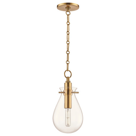 Ivy LED Small Pendant With Clear Glass Shade, Aged Brass