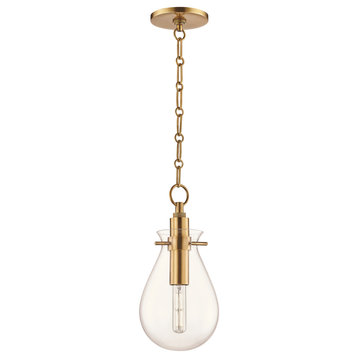 Ivy LED Small Pendant With Clear Glass Shade, Aged Brass
