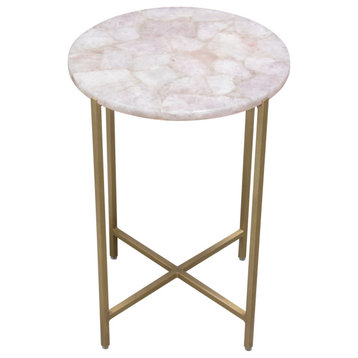 Mika Round Accent Table With Rose Quartz Top With Brass Base