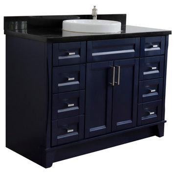 49" Single Sink Vanity, Blue Finish With Black Galaxy Granite And Round Sink