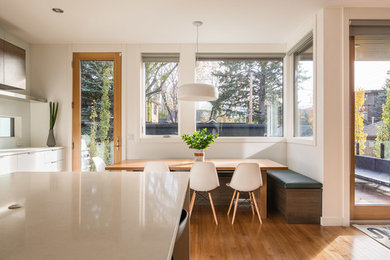 Example of a mid-sized trendy galley medium tone wood floor and brown floor eat-in kitchen design in Calgary with a drop-in sink, flat-panel cabinets, dark wood cabinets, paneled appliances and an island