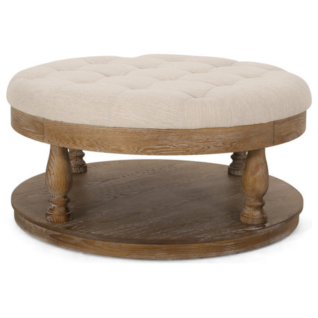 Mineola Contemporary Upholstered Round Ottoman, Beige/Weathered, Fabric