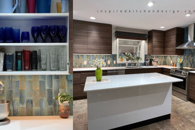 Inspiration for a large modern u-shaped slate floor and beige floor eat-in kitchen remodel in Miami with an undermount sink, flat-panel cabinets, white cabinets, marble countertops, multicolored backsplash, mosaic tile backsplash, stainless steel appliances, an island and white countertops