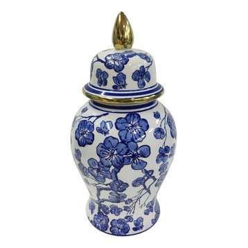 14" Temple Jar With Hibiscus, Blue/White