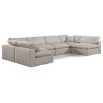 Meridian Furniture - Comfy Upholstered U-Shaped Modular Sectional, Beige, 6-Piece: 4 Armless Chair, 2 Corner Chair, Linen Textured Fabric - Give your space a whole new look with this beige Comfy linen textured fabric sectional. This handsome sectional fits nicely with other items in the Comfy collection and is a versatile seating option designed for adaptability, comfort and style. Wrapped in rich beige durable linen textured fabric upholstery, this sectional offers a plush embrace of overstuffed down feather cushions, carefully crafted to deliver the highest level of comfort. The perfect seat for creating an oasis for relaxation, this sectional has thick foam surrounding its frame for added support and coziness.