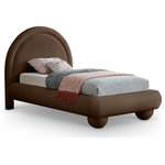 Meridian Furniture - Madrid Upholstered Bed, Brown, Twin, Velvet - Transform your bedroom with the bold and sophisticated charm of the Madrid brown velvet upholstered twin bed. Inspired by classic Art Deco design, this bed showcases a striking arched headboard and rounded edges for a unique, sculptural look. The luxurious velvet upholstery adds a layer of softness and warmth, making it a stunning centerpiece that combines artful design with everyday comfort.