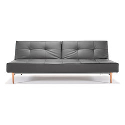 "Innovation" Splitback Black Leather Textile Sofa Bed / Light Wood Legs - Futons