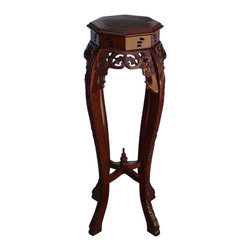 Chinese Medium Brown Octagonal Blossom Flower Curved Legs Plant Stand - Side Tables And End Tables
