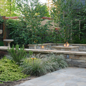 Fire pit surrounded by seawall, with low-water plantings and integral lighting.