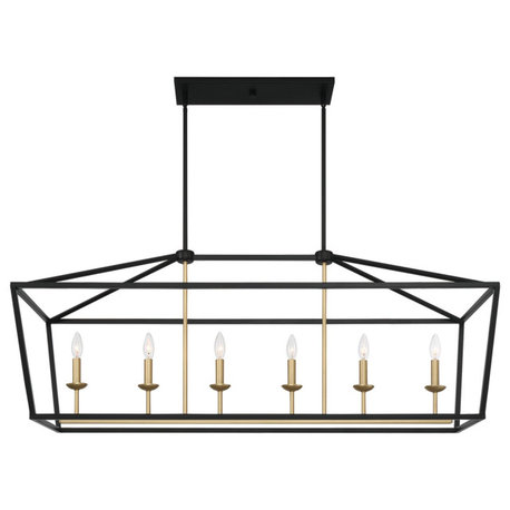 6 Light Kitchen Island Linear Pendant Chandelier, Classic Black/Brass Dust