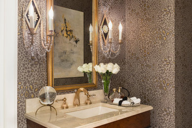 Transitional marble floor powder room photo in DC Metro with an integrated sink and marble countertops