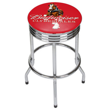 Bar Stool - Budweiser Clydesdale Red Stool with Retro Chrome Ribbed Side