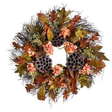 Nearly Natural 22" Hydrangea, Dried Lotus Pod Artificial Fall Wreath