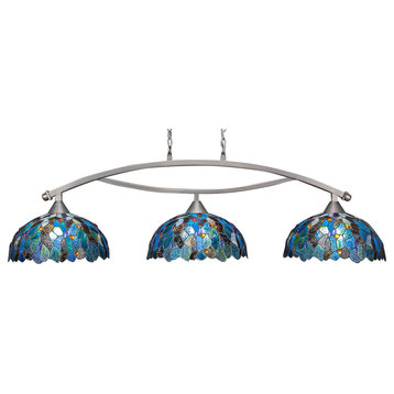 Bow 3 Light Bar In Brushed Nickel, 16" Blue Mosaic Tiffany Glass
