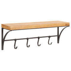 Danya B 2-Tier Ledge Wall Shelf Organizer with Five Hanging Coat or Towel Hooks - Perfect for Entryway or Bathroom (Black)