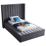 Meridian Furniture - Kiki Velvet Bed, Gray, Twin - Make a bold statement in your bedroom with this stunning Kiki grey velvet twin bed. Its grey velvet design with channel tufting gives it a chic, textured appearance that's both comfortable and dramatic. This twin size bed features storage rails along its full slats frame, making it the perfect solution for individuals in limited sleeping spaces. Its width of 70.5 inches, depth of 94 inches, and height of 65 inches offers ample room to sleep without being cramped.