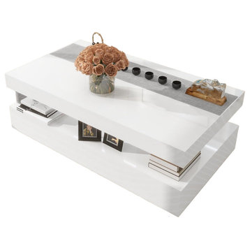 Modern Coffee Table, Rectangular Top & Middle Tier With RGB LED Lights, White