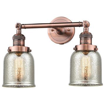 2-Light Small Bell 16" Bath Fixture, Antique Copper, Glass: Silver Mercury