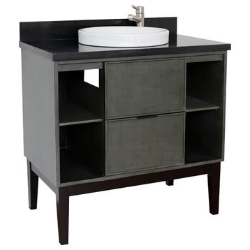 37" Single Vanity, Linen Gray Finish With Black Galaxy Top And Round Sink
