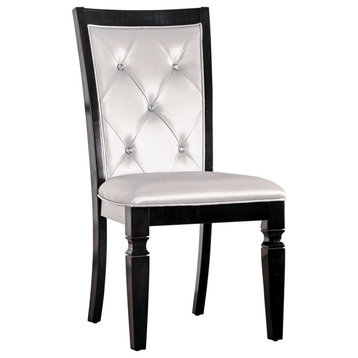 Set of 2 Dining Chair, Faux Leather Seat With Rhinestone Button Tufting, Silver