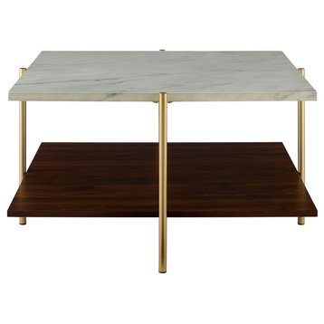 Contemporary Coffee Table, White Faux Marble Top & Dark Walnut Lower Shelf